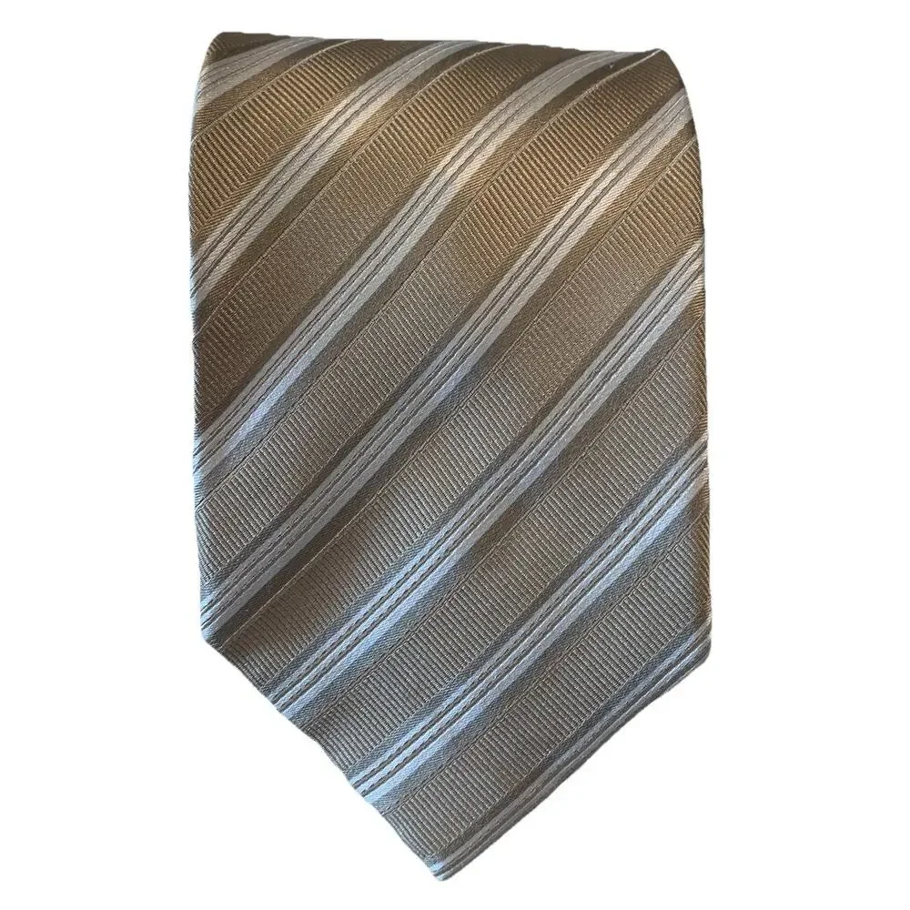 Fabio Ferretti Italy Handmade Men’s Silk Tie Tan Gold & White Diagonal Striped